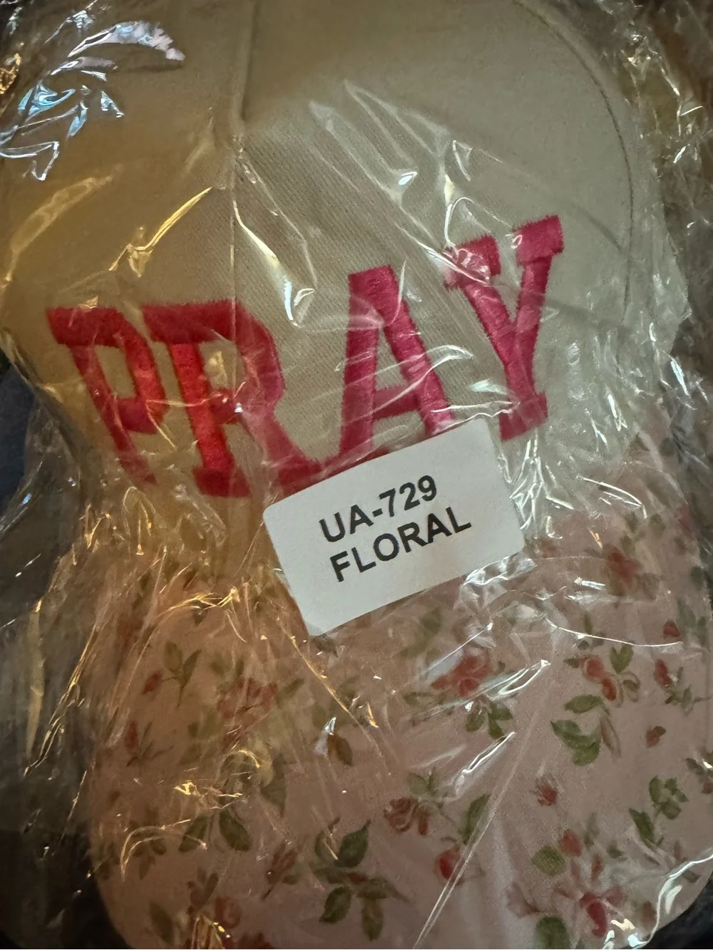 “Pray” Embroidered Trucker Hat | Cream Pink Ditsy Floral Faith Cap NWT